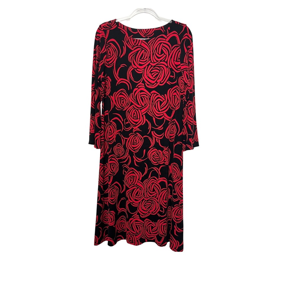 Chico's‎ Travelers Rose Print Bell Sleeve Dress Women Size 2 (Large) Red Black